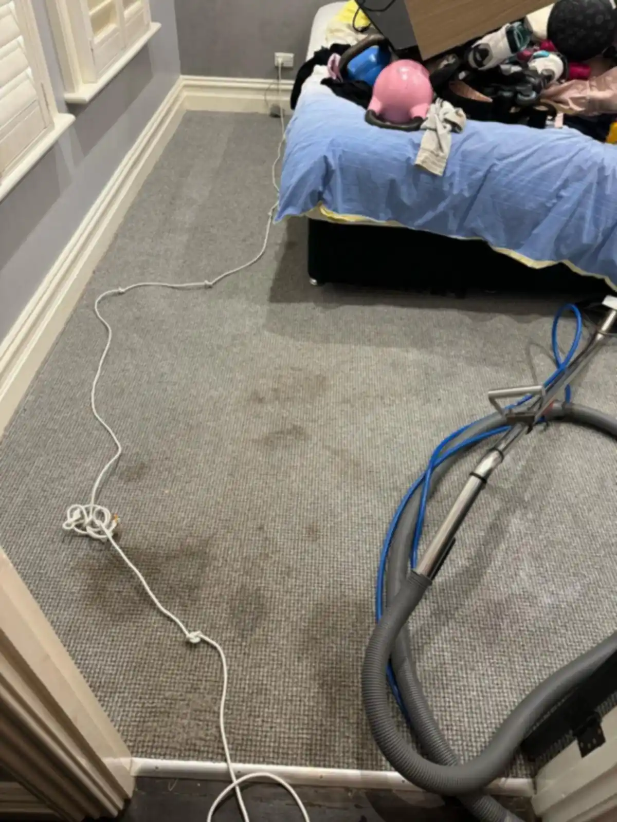 Hot water extraction wand cleaning bedroom carpet in a Melbourne home