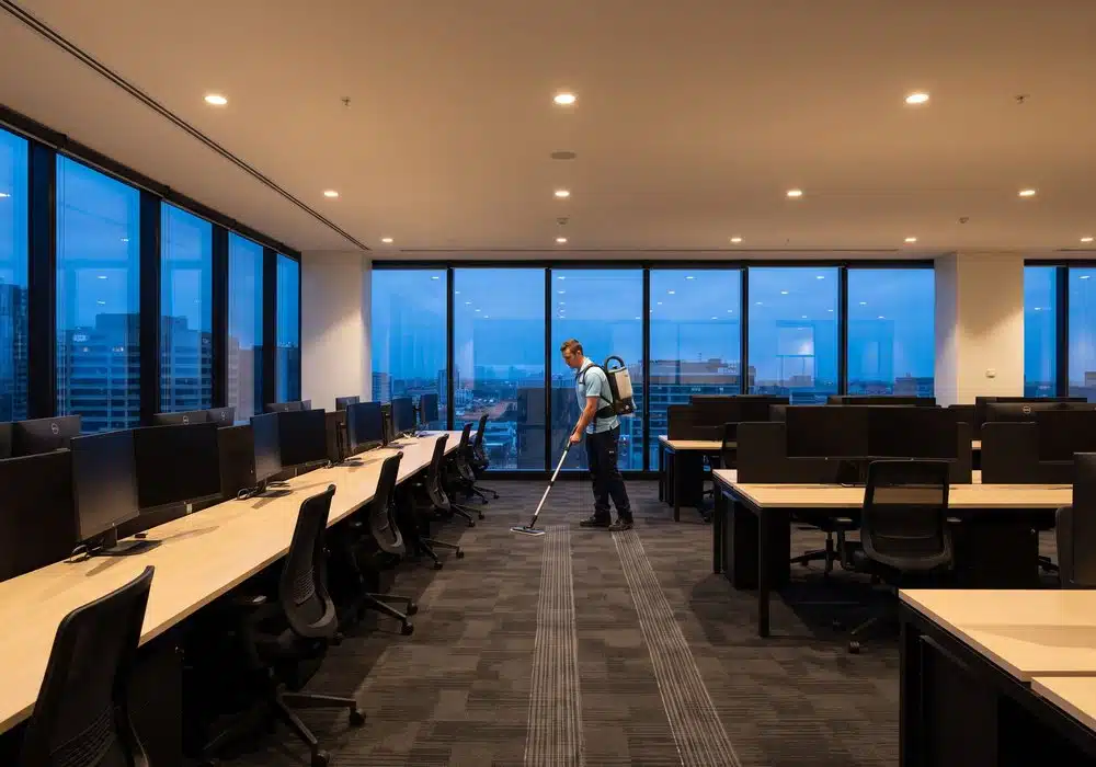 Cleaner mopping an open plan Melbourne office after hours