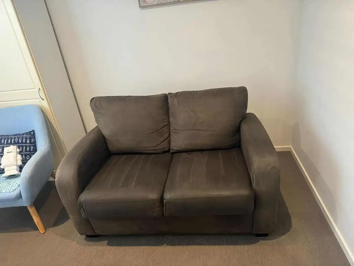 The same brown suede two seater sofa clean and dry after upholstery cleaning