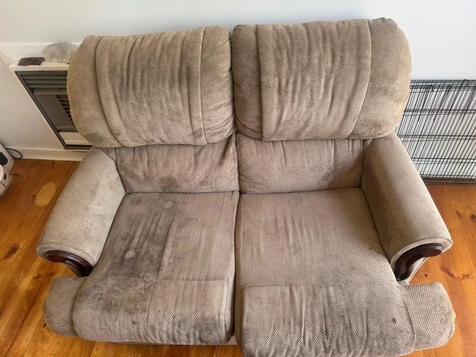 Beige suede recliner lounge suite heavily soiled before cleaning