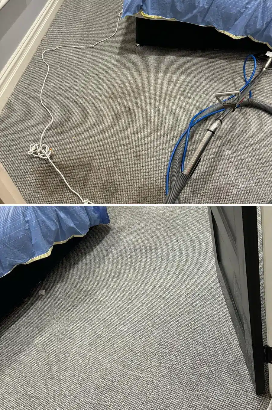 Bedroom carpet in a Melbourne home before and after hot water extraction