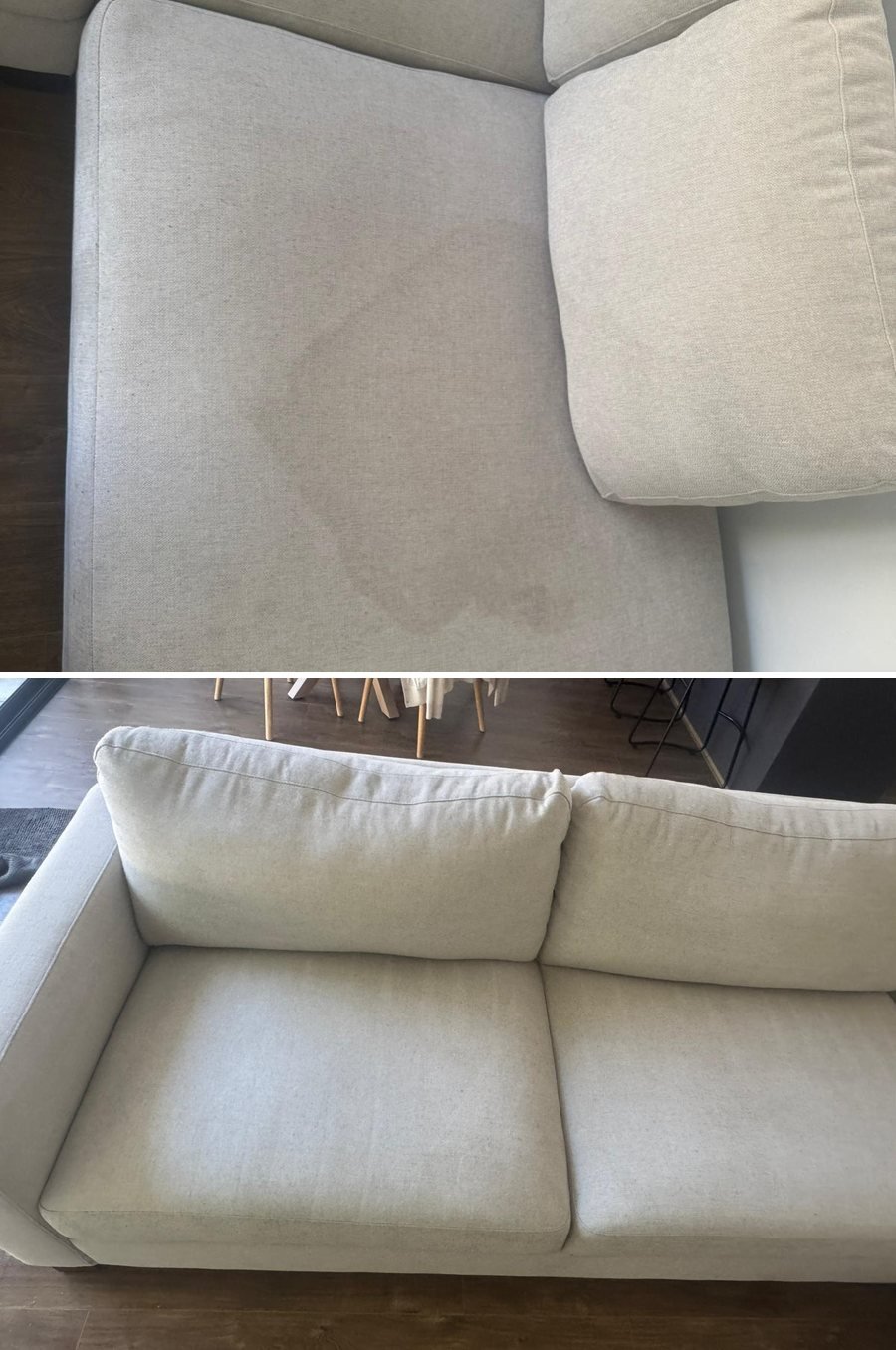 Cream fabric sofa before and after upholstery cleaning