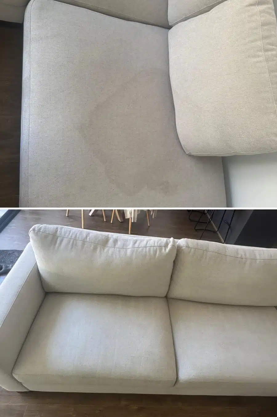 Cream fabric sofa before and after upholstery cleaning