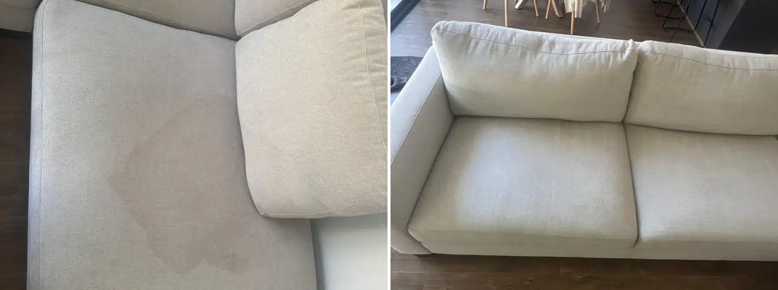 Cream fabric sofa before and after upholstery cleaning