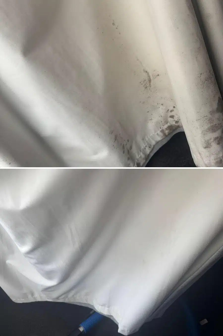 White curtain hem before and after cleaning