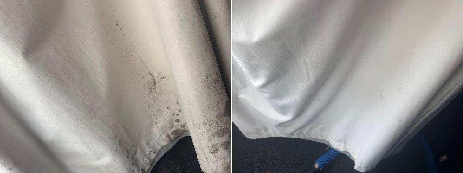 White curtain hem before and after cleaning