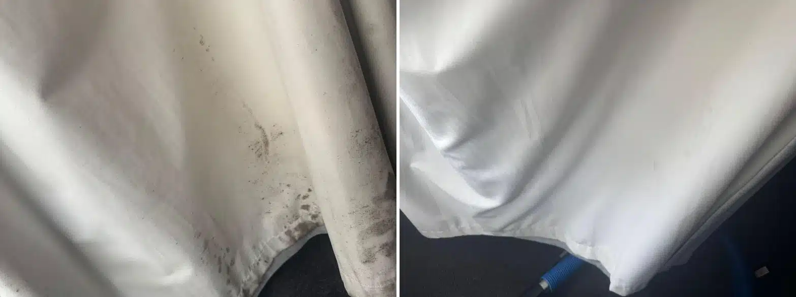 White curtain hem before and after cleaning