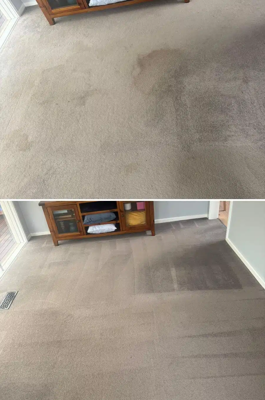 Lounge room carpet before and after steam cleaning, traffic marks lifted
