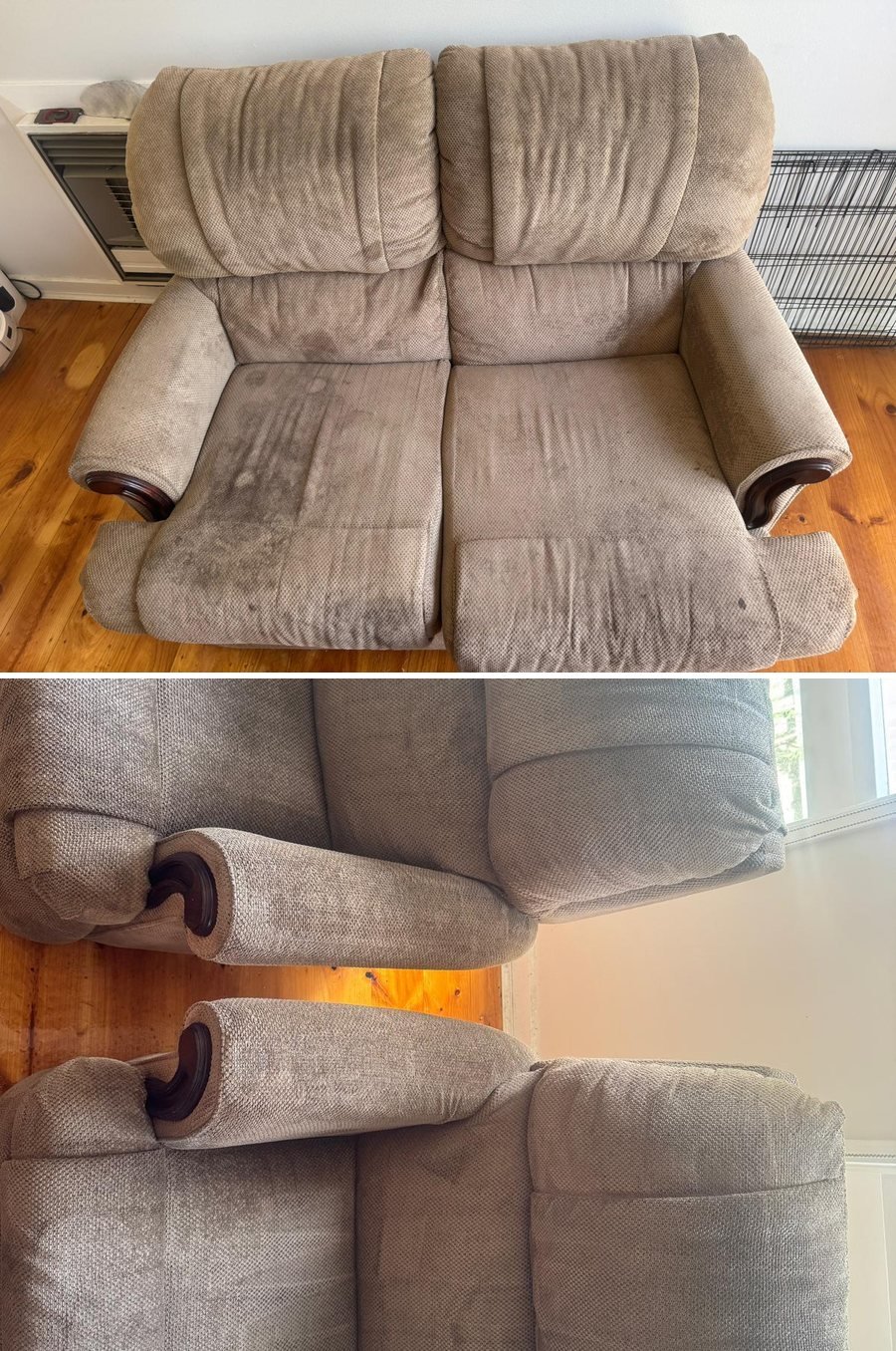 Fabric recliner lounge suite before and after cleaning