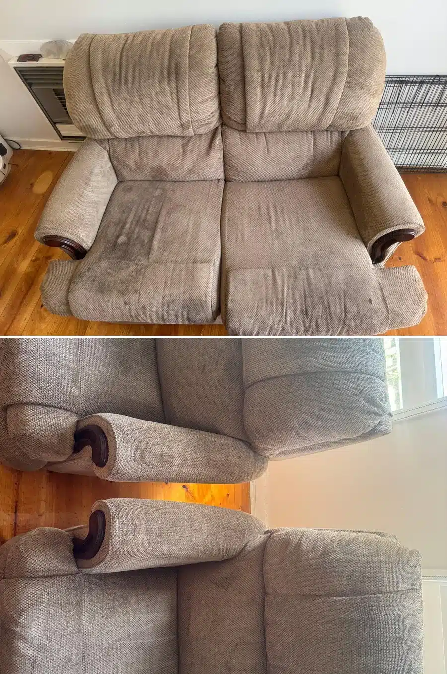 Fabric recliner lounge suite before and after cleaning