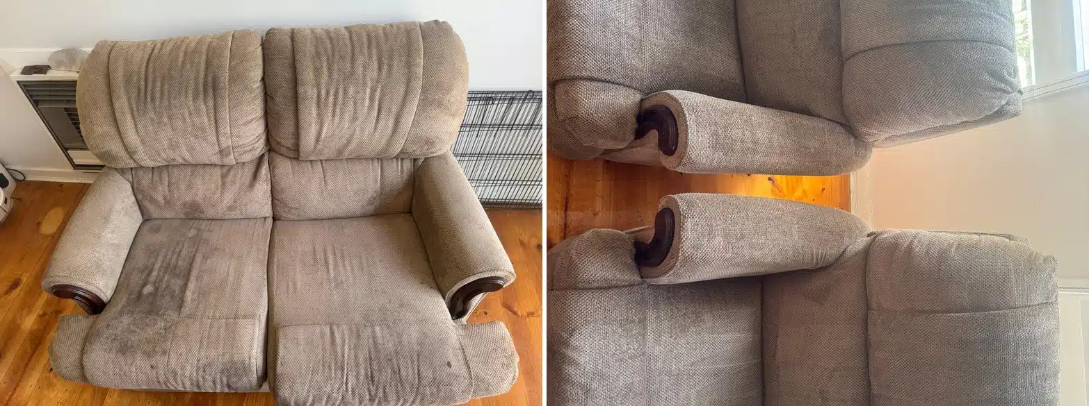 Fabric recliner lounge suite before and after cleaning