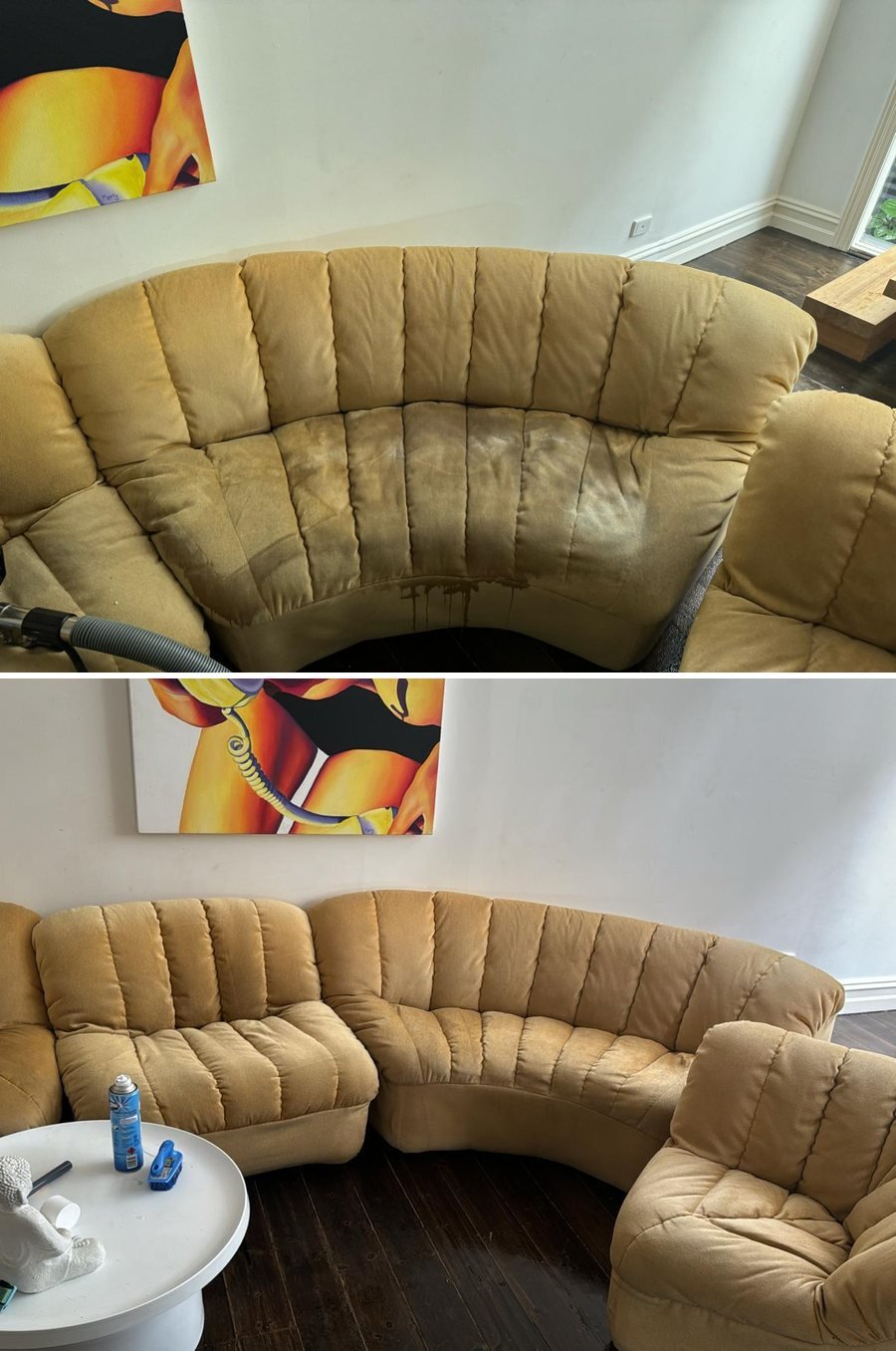 Fabric sectional sofa before and after deep cleaning