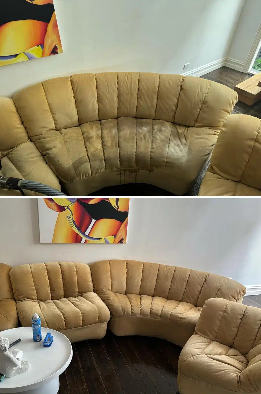 Fabric sectional sofa before and after deep cleaning