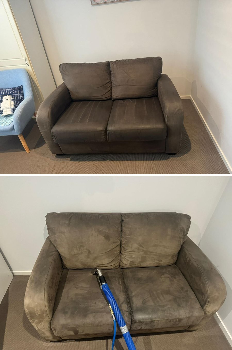 Brown microfibre two seater before and after upholstery cleaning