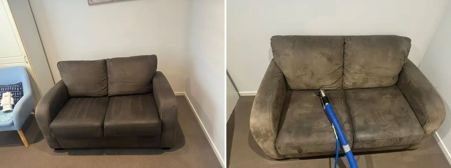 Brown microfibre two seater before and after upholstery cleaning