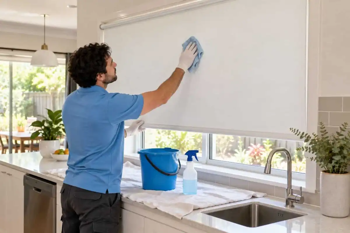 Technician cleaning a white roller blind in place at a Melbourne kitchen window