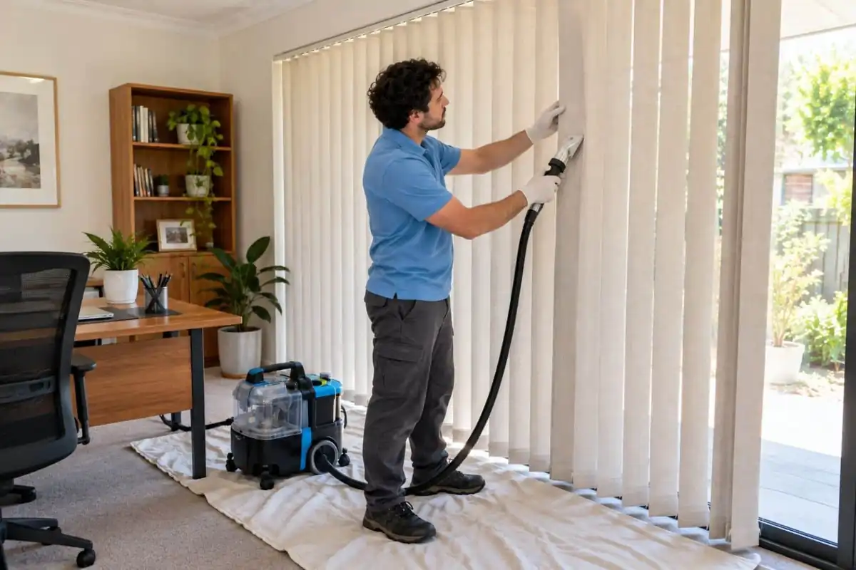 Technician cleaning fabric vertical blinds in place in a Melbourne home office
