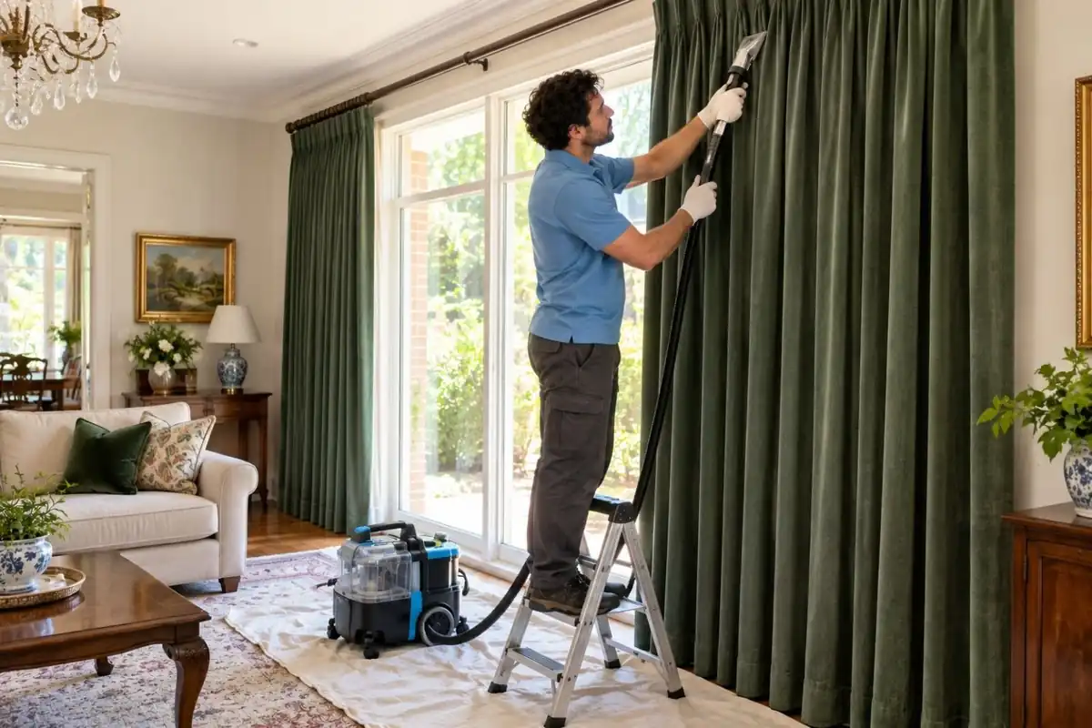 Technician cleaning floor to ceiling green drapes on the rail in a Melbourne lounge