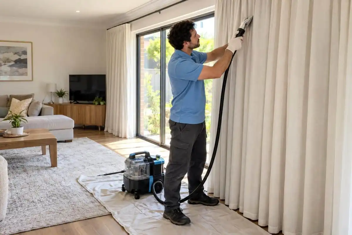 Aussie Shine technician cleaning a cream curtain on the rail in a Melbourne living room