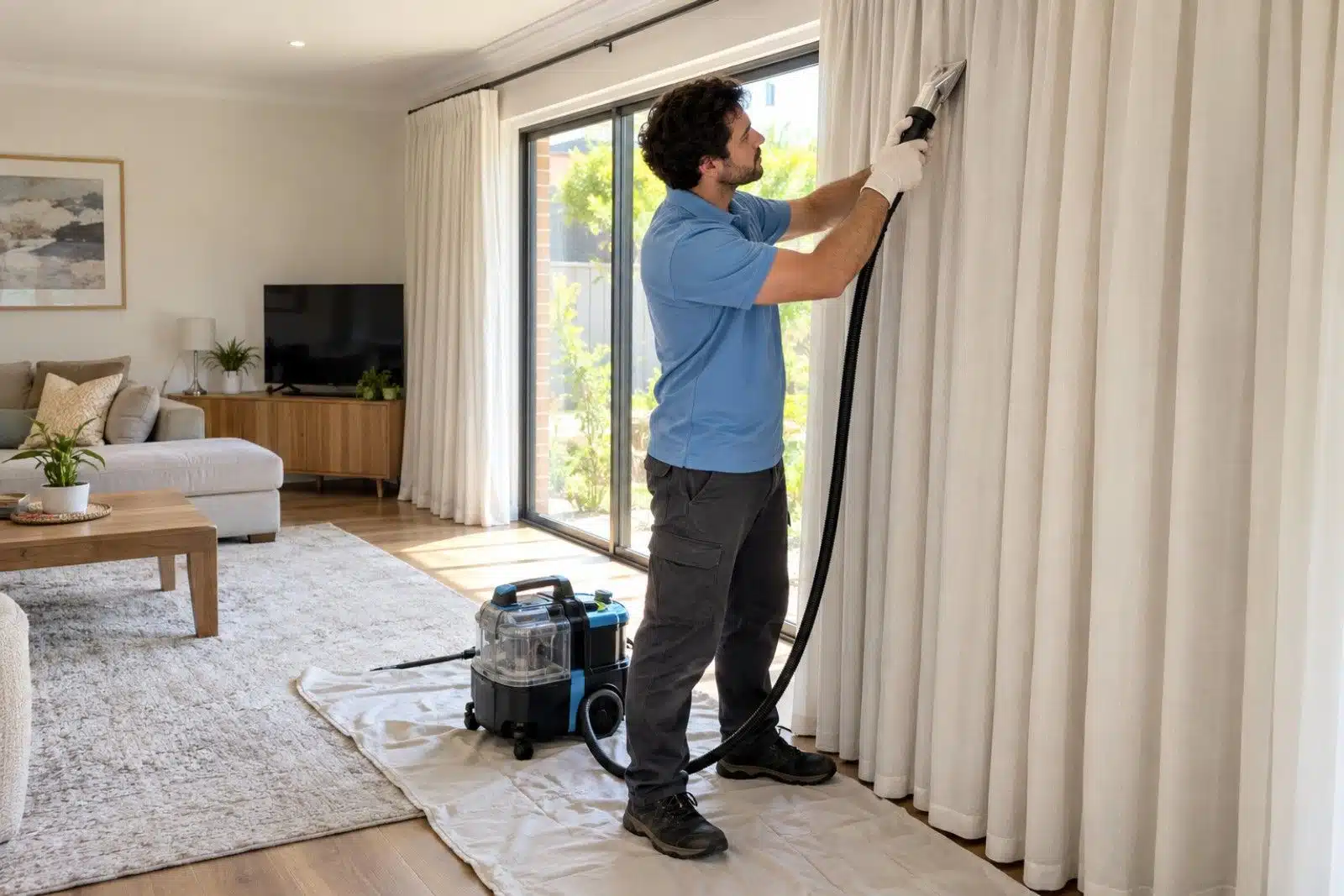 Aussie Shine technician cleaning a cream curtain on the rail in a Melbourne living room
