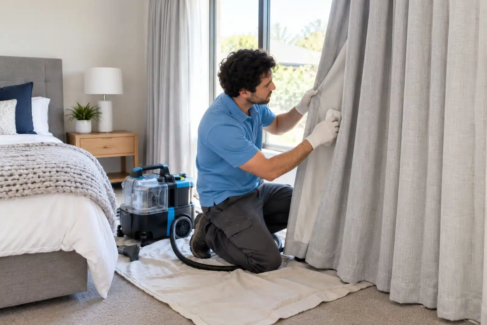 Technician testing the lining of a hanging curtain before on site cleaning in a Melbourne bedroom