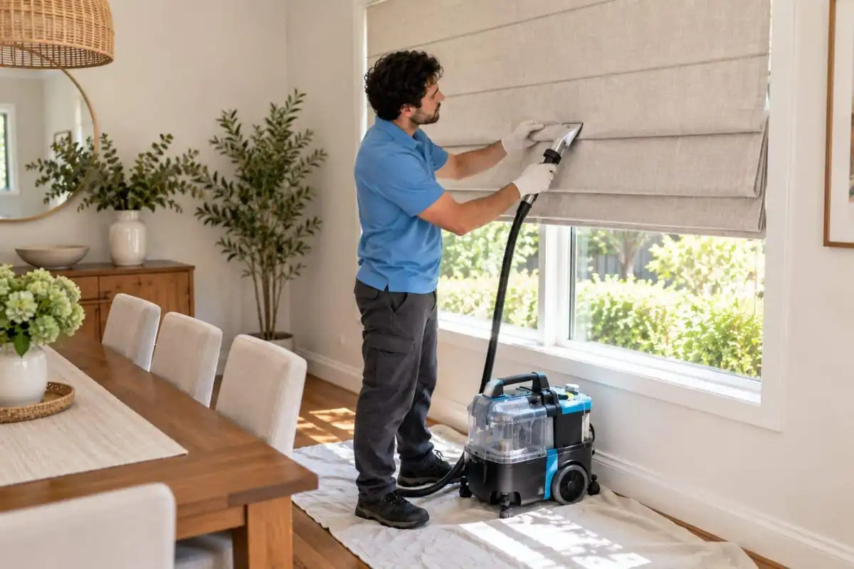 Technician cleaning a linen Roman blind in place in a Melbourne dining room