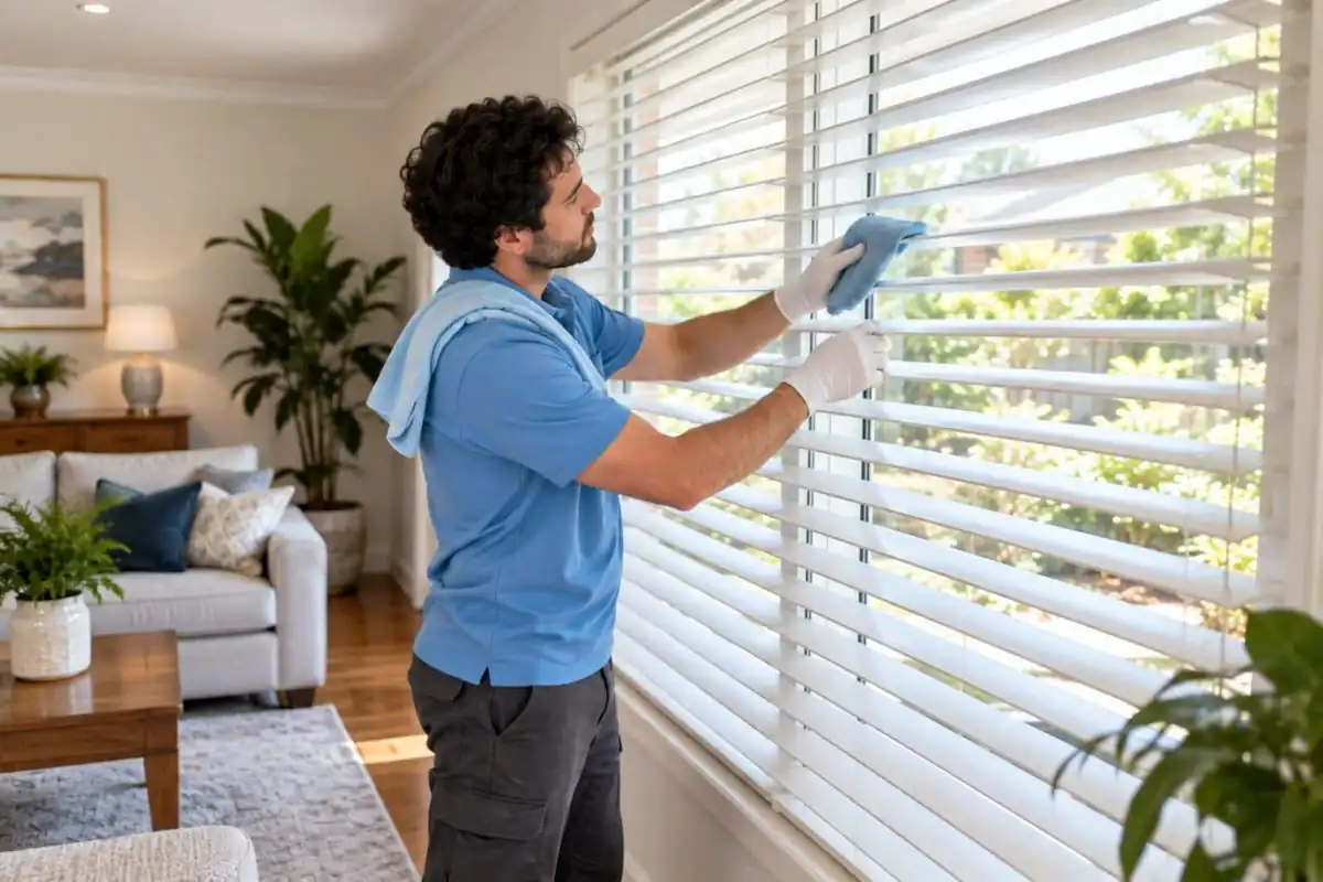 Technician wiping white timber venetian blind slats one by one in a Melbourne home
