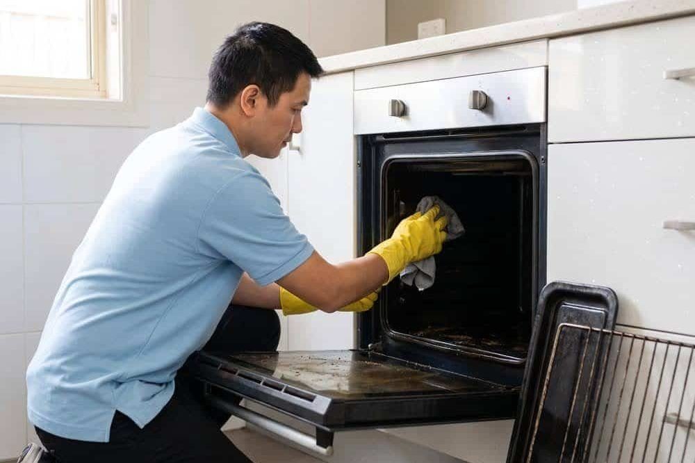 Cleaner wiping the inside of an oven door during an end of lease clean